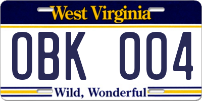 WV license plate OBK004