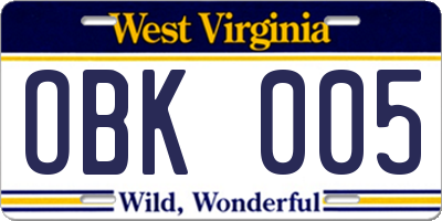 WV license plate OBK005