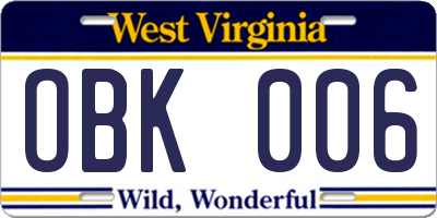 WV license plate OBK006