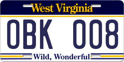 WV license plate OBK008