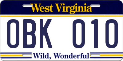 WV license plate OBK010
