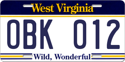 WV license plate OBK012