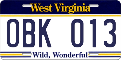 WV license plate OBK013