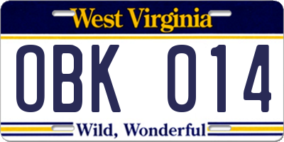 WV license plate OBK014
