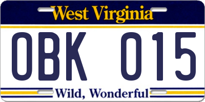 WV license plate OBK015