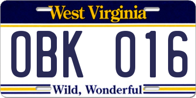 WV license plate OBK016