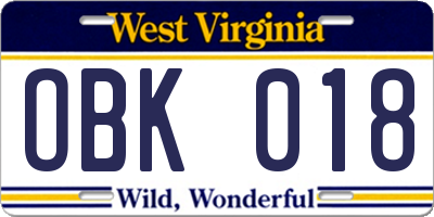 WV license plate OBK018