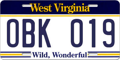 WV license plate OBK019