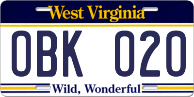 WV license plate OBK020