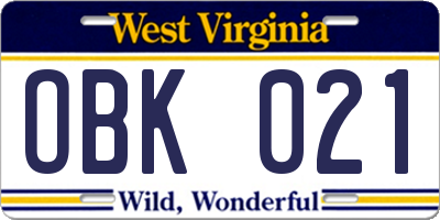 WV license plate OBK021