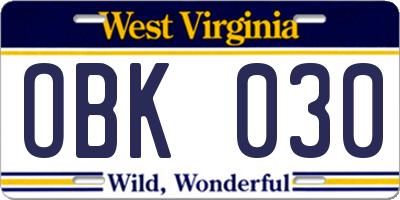 WV license plate OBK030