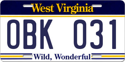 WV license plate OBK031