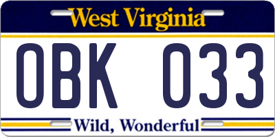 WV license plate OBK033