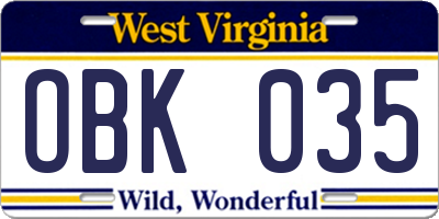 WV license plate OBK035