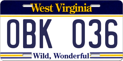 WV license plate OBK036