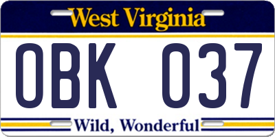WV license plate OBK037