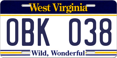 WV license plate OBK038