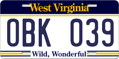 WV license plate OBK039