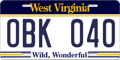 WV license plate OBK040