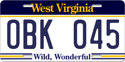 WV license plate OBK045