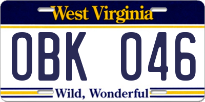 WV license plate OBK046