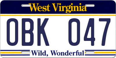 WV license plate OBK047