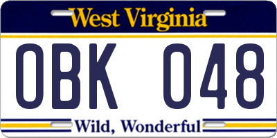 WV license plate OBK048