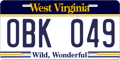 WV license plate OBK049