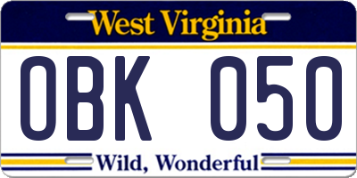 WV license plate OBK050