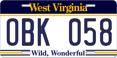 WV license plate OBK058