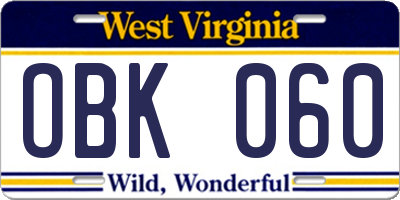 WV license plate OBK060