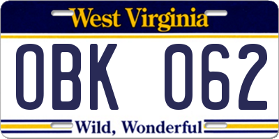 WV license plate OBK062