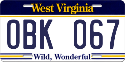 WV license plate OBK067