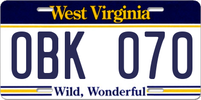 WV license plate OBK070