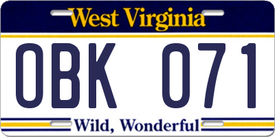 WV license plate OBK071