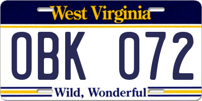 WV license plate OBK072