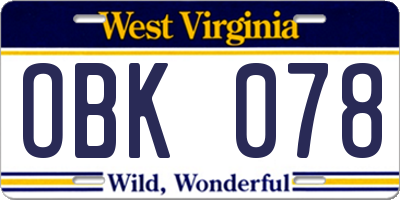 WV license plate OBK078