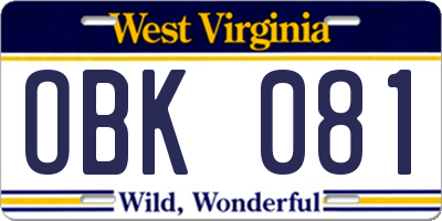 WV license plate OBK081