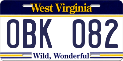 WV license plate OBK082