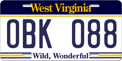 WV license plate OBK088