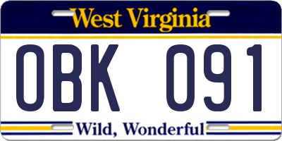 WV license plate OBK091
