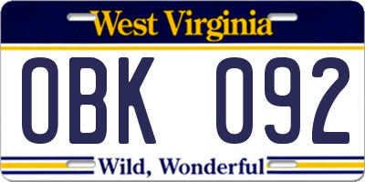 WV license plate OBK092