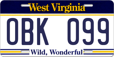 WV license plate OBK099