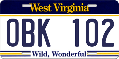 WV license plate OBK102