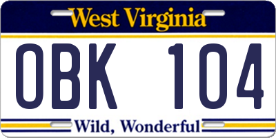 WV license plate OBK104