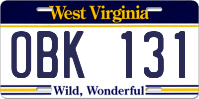 WV license plate OBK131