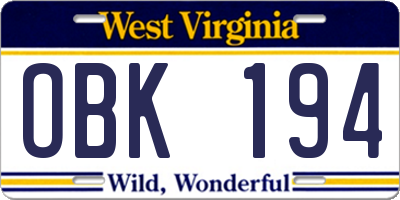 WV license plate OBK194