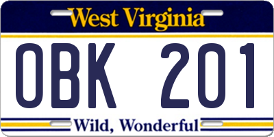 WV license plate OBK201