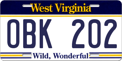 WV license plate OBK202