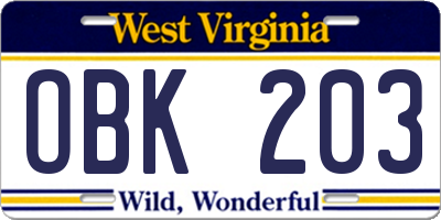 WV license plate OBK203